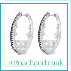 Filigree Silver Black Spinel Sim Channel Set Vintage Style Hoop Earrings NWT